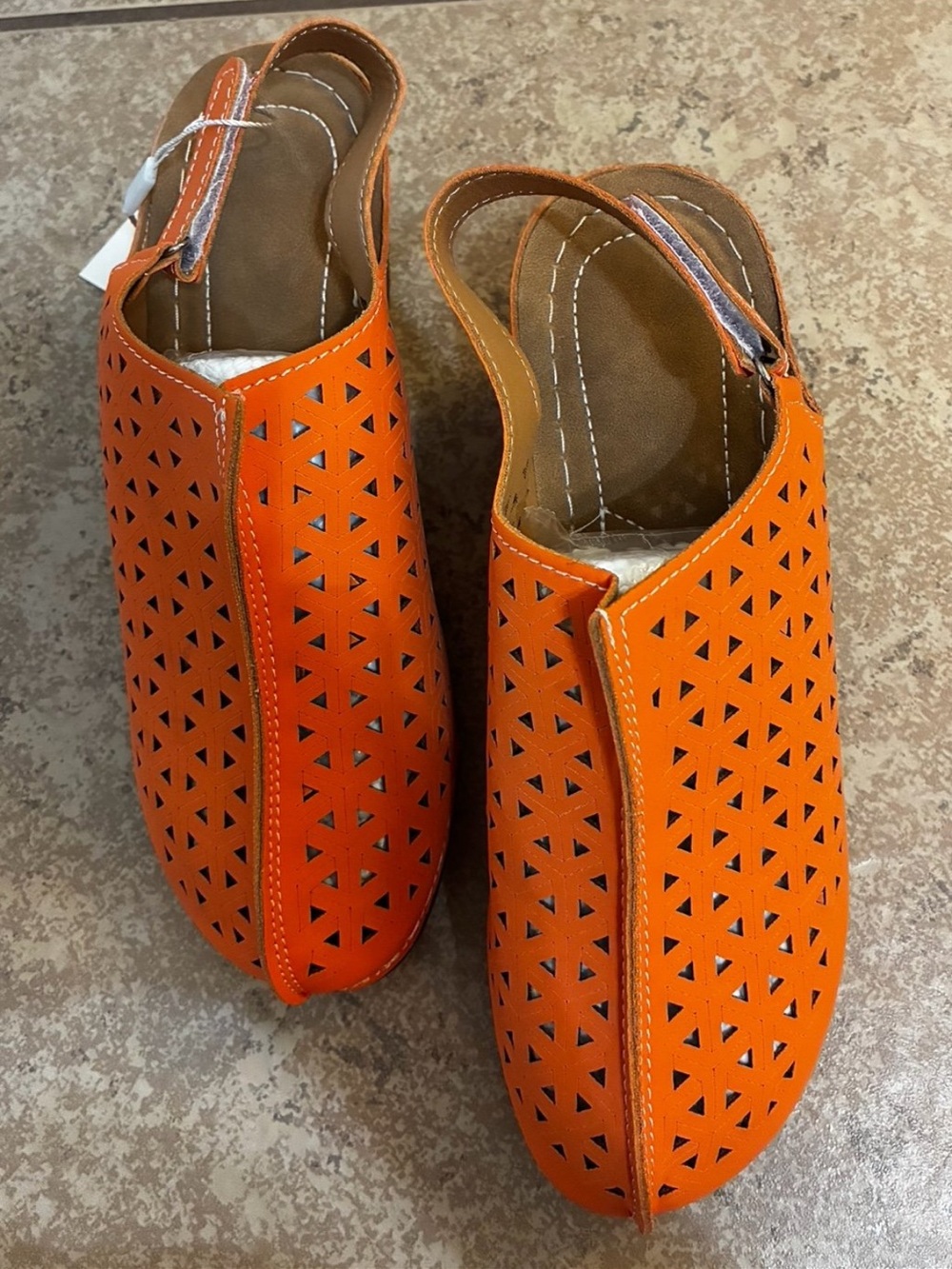 New! Women’s Orange Perforated Slip-On, High Chunky Heel Sandals. Size: 8.5